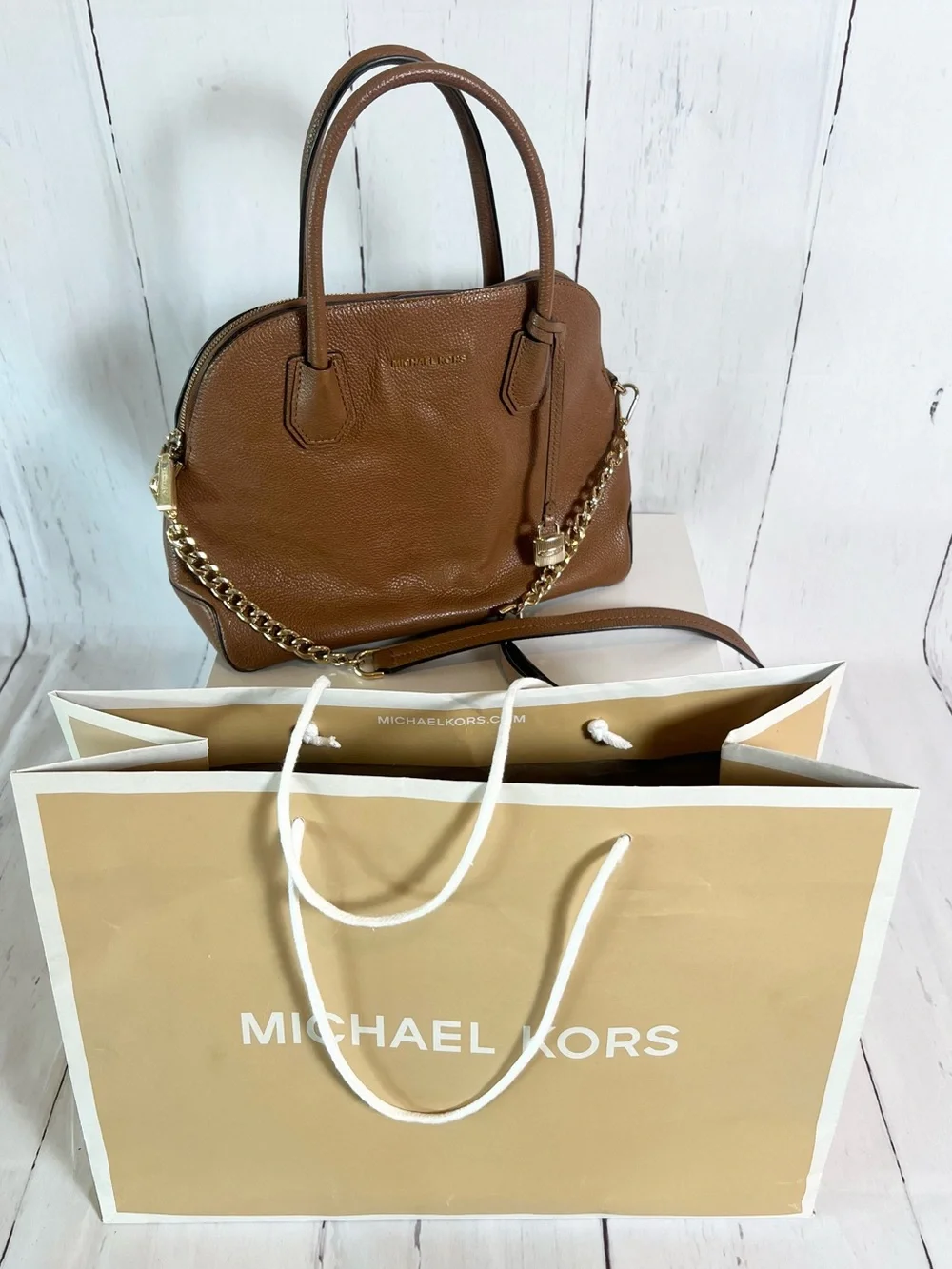 Michael Kors Mercer Medium Dome Satchel Bag Brown Leather with Shopping Bag